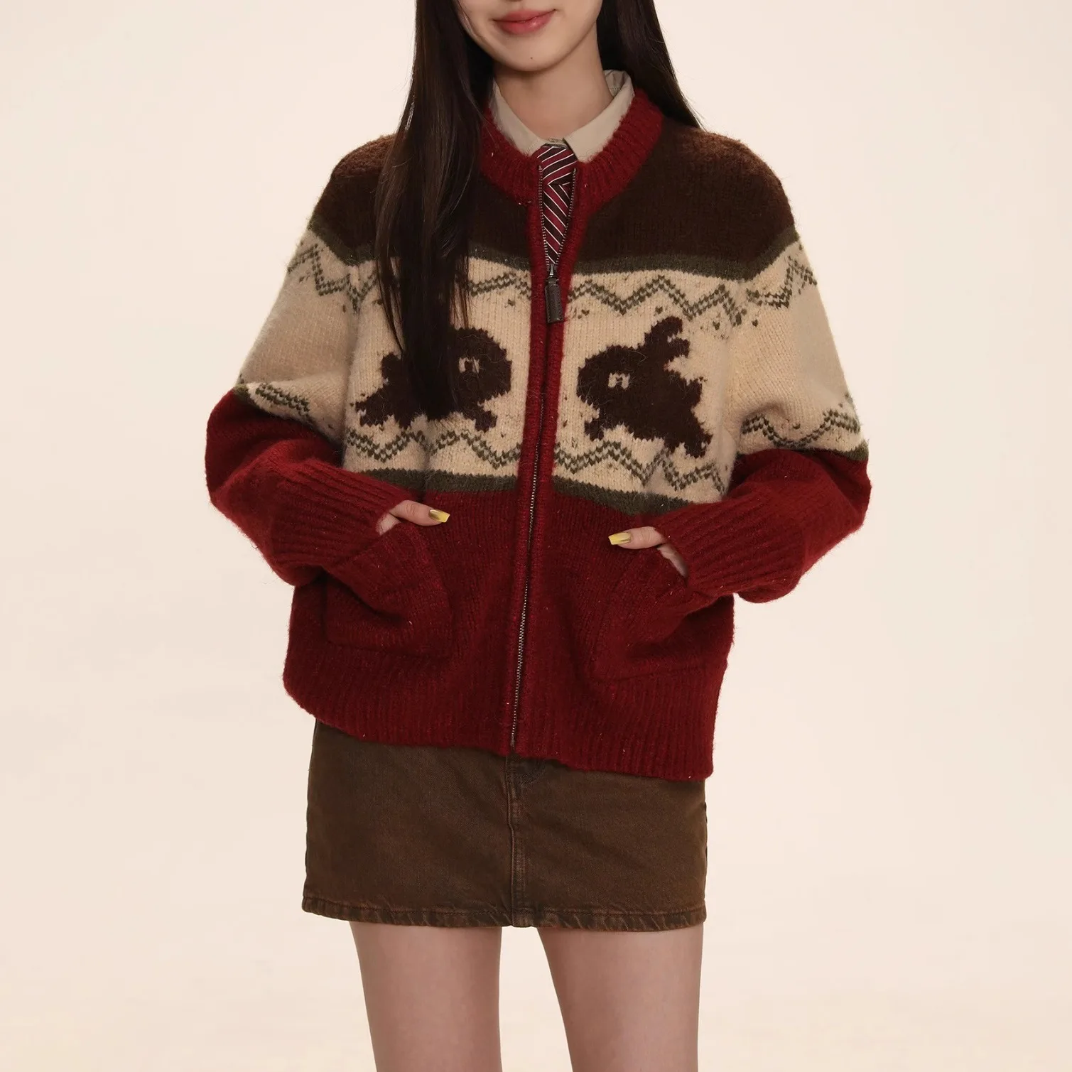 

Bunny Jacquard Cardigan Color Block Zip Up Pullover Vintage Winter Knitwear