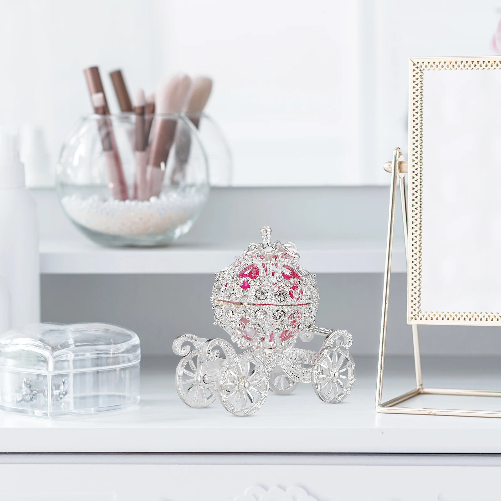 

Pumpkin Carriage Decoration Metal Rhinestone Crown Trinket Box Home Jewelry Display Accessories Silver Bedroom Office Bar Hotel