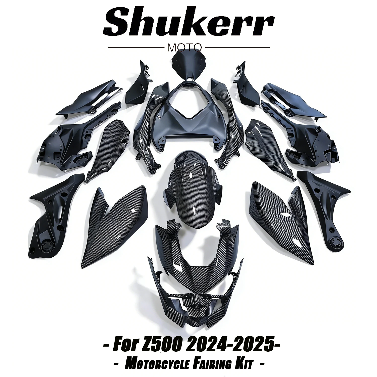 Kit Carene Moto in Plastica ABS Nera Effetto Fibra di Carbonio, Stampate a Iniezione, Compatibili con Kawasaki Z500 2024-2025