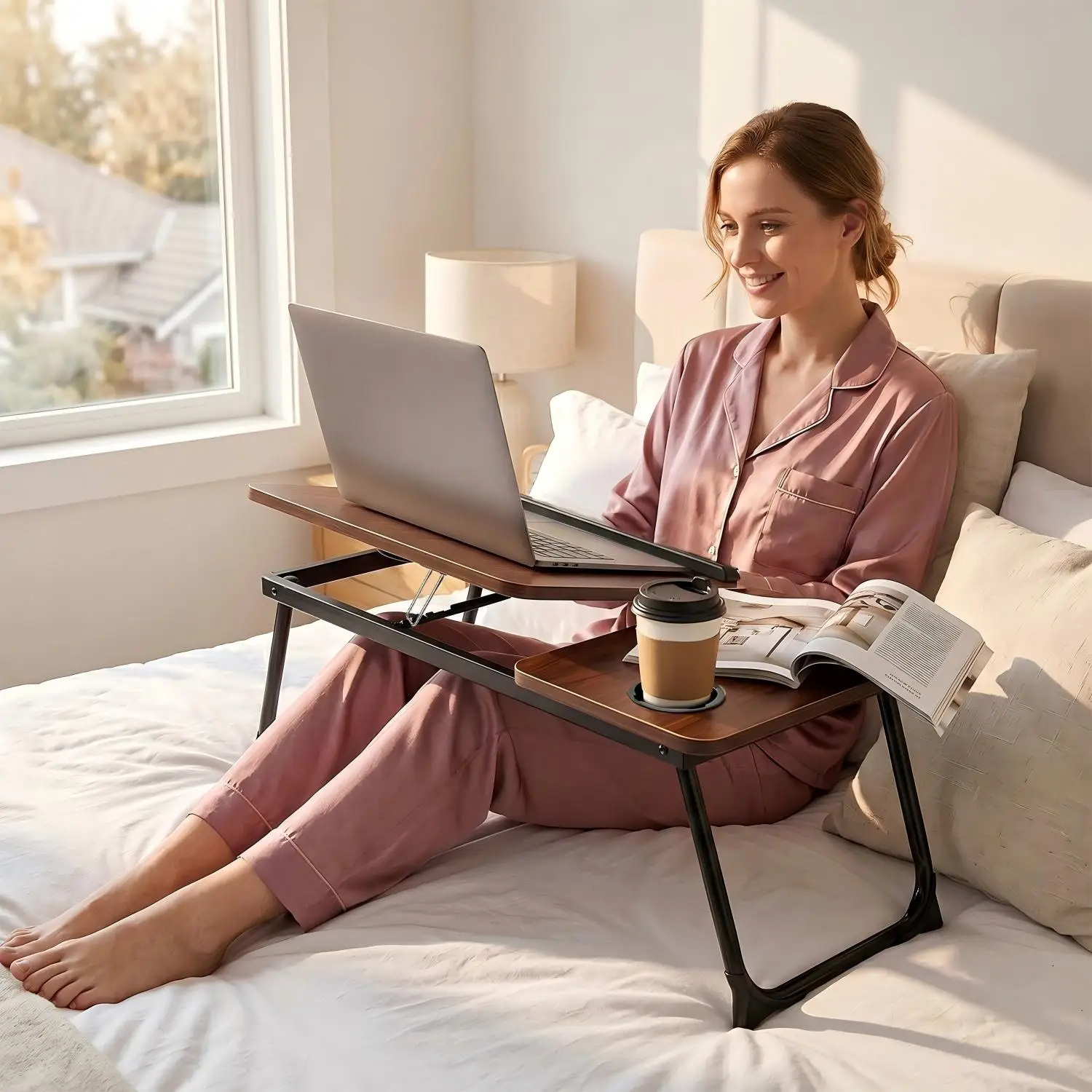 1 Stück klappbarer Bett-Tisch mit 5-fach höhenverstellbarer Funktion, 56x32,5x23,5cm, Getränkehalter & Seitenschutzleiste, hohe Tragfähigkeit von 45 kg, tragbarer Laptop-Tisch für Bett, Sofa, Boden,