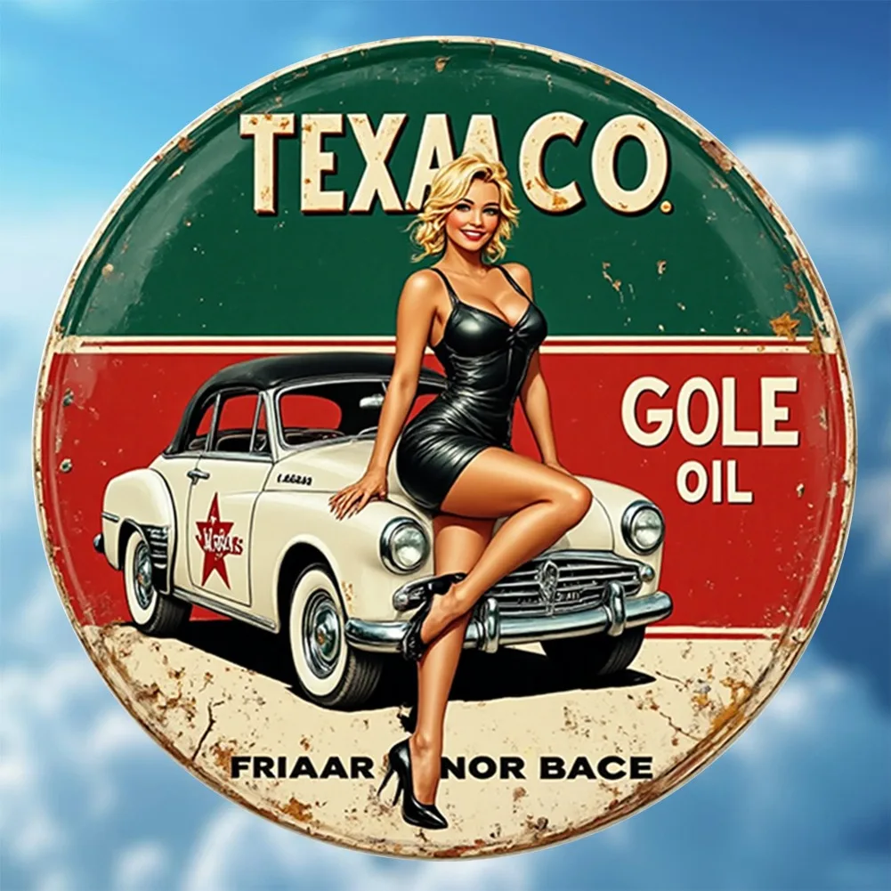 2D Flat - Vintage Texaco Goole Oil Metal Sign - Arte de pared de aluminio redondo de 8 ", diseño de coche DeSoto rojo y chica rubia retro