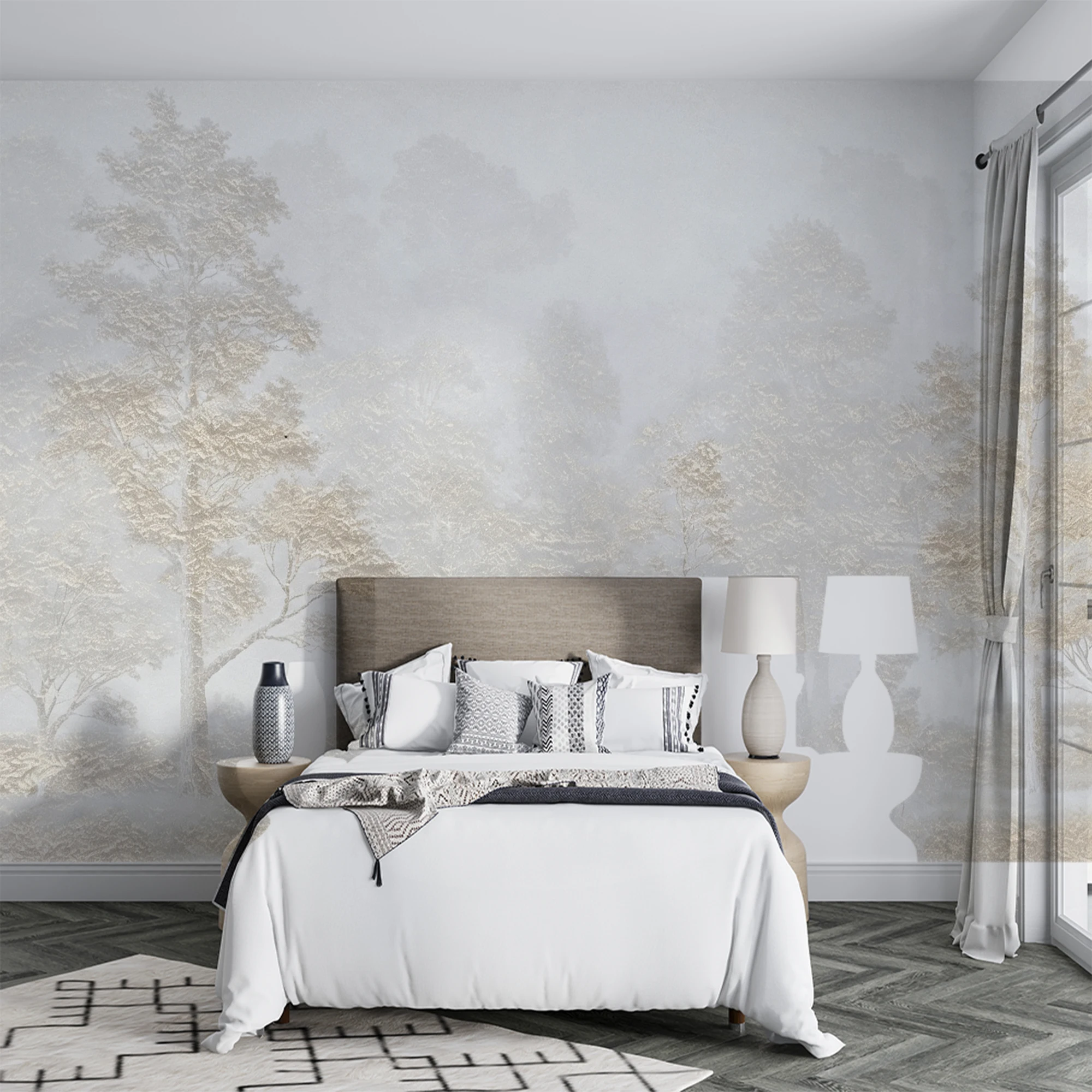 Custom Beige Golden Misty Forest Wall Mural Soft Fog Tree Neutral Nature Landscape Wallpaper for Living Room Bedroom Home Decor