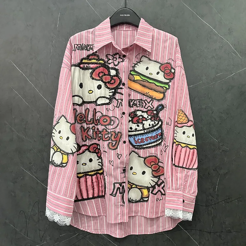 ハローキティトレンド女性のシャツストライプ長袖ルーズトップスかわいい女の子カジュアル Tシャツストリート原宿シャツ 2025 春