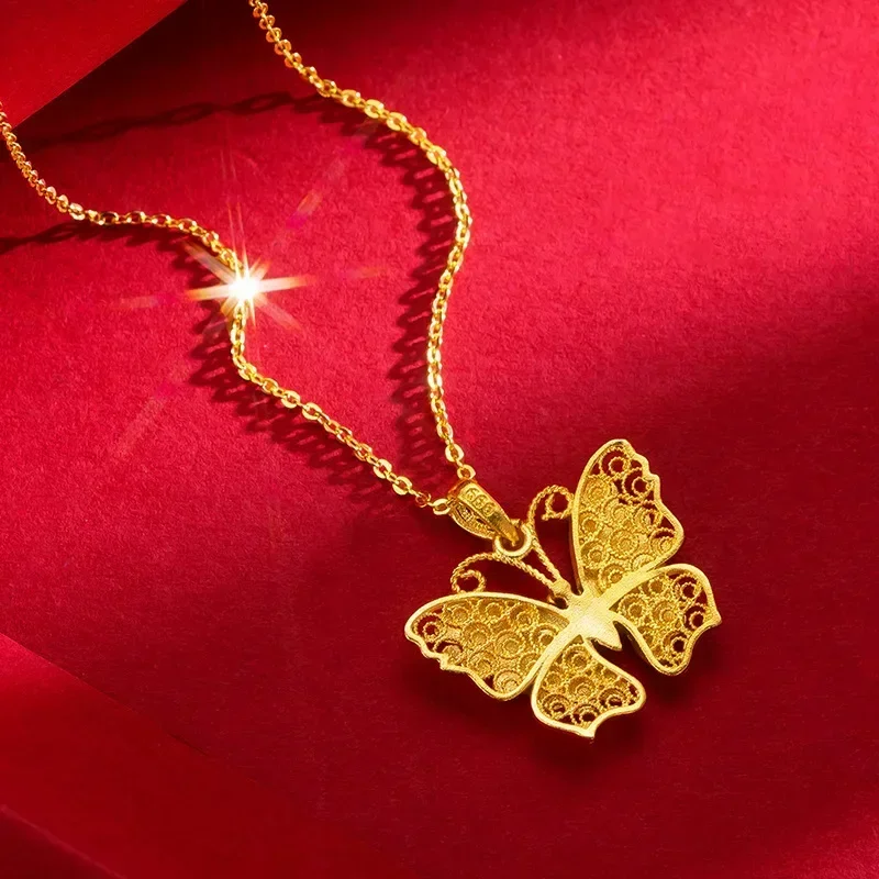 9999 real gold 24K yellow gold Silk Butterfly Pendant Antique Golden Butterfly Necklace Women's High-end Clavicle Chain AU750