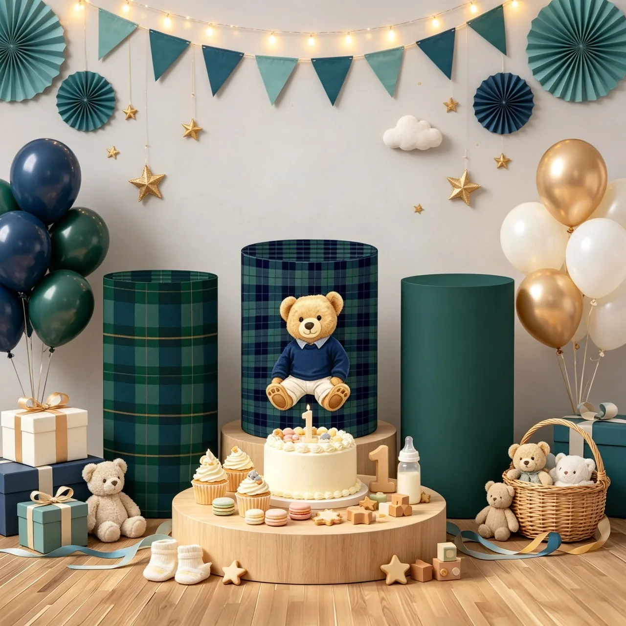 Mehofond Retro Plaid Cylinder Cover Little Bear British Forest Style Deep Green Boy's First Birthday Shower Background Decor