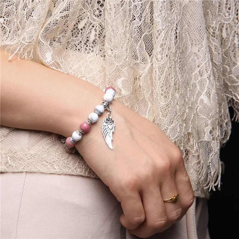 Nature Stone Striped Agate White Pine Wings Charms Bangles Meditation Ethnic Handmade Gift Custom Jewelry