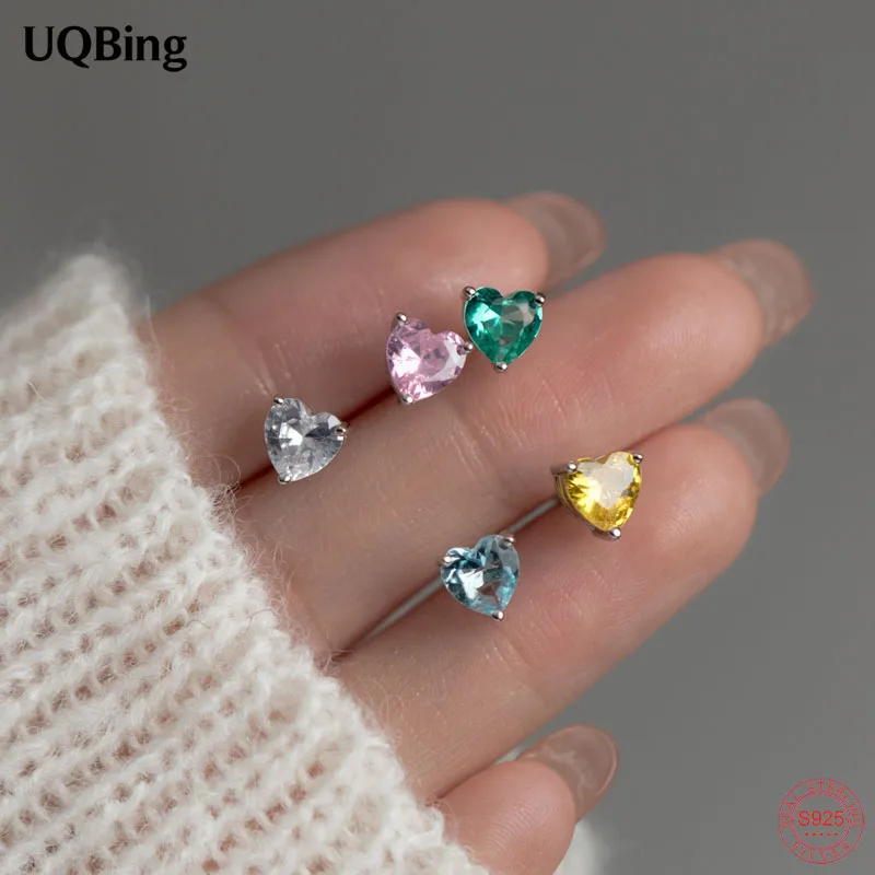 

1 Pair 925 Sterling Silver Different Color CZ Zircon Heart Shape Stud Earrings Jewelry Women Gift