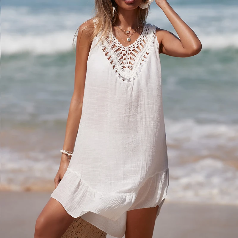 Women V-Neck Backless Hollow Out Short Dress Crochet Splicing Wooden Ear Dress With Colored Balls Beach Swimsuit Cover Up