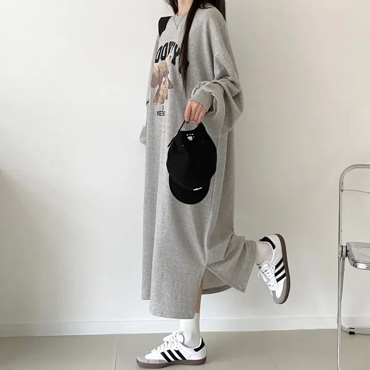 Japanisches Herbst-Winter-Frühlings-Langarm-Dünnes Kleid Damen Fleece-Oberteil Mittellanger Trendiger Rock Übergröße Lässiges Langes Kleid – Detail 10