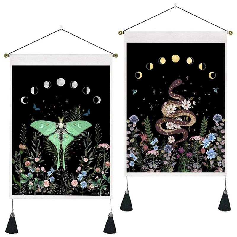 Pack Of 2 Moon Phase Tapestry Flower Tapestry Floral Moth Tapestry Snake Tapestry Black Background Tapestry Wall Hanging