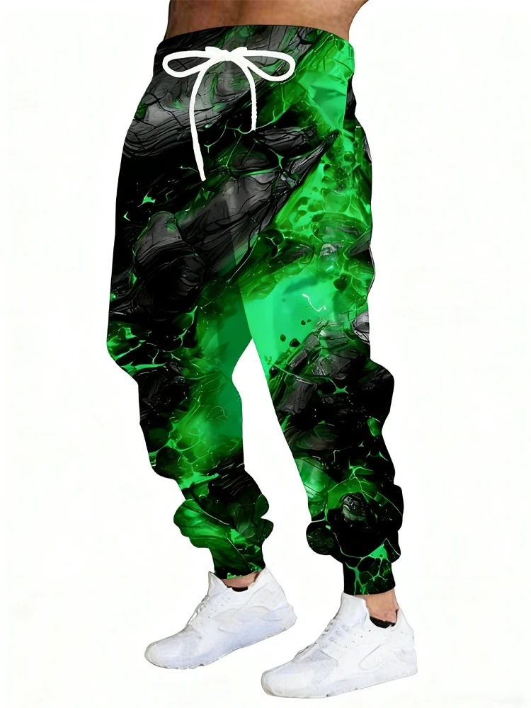 

New Men's 3D Green FlamePrint Casual Pants Outdoor Breathable Athletic Pants Stylish Drawstring Streetwear Trousers Mens Cuffed