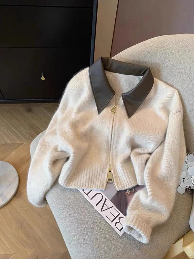 High End PU Lapel Splicing Knitted Cardigan 2024 New Autumn/Winter Women\'s Double Zipper Design Lazy Style Warm Sweater Jacket