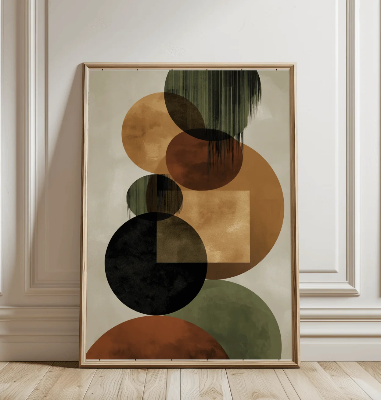 (No frame)Green Brown Abstract Geometric Canvas Wall Art, Neutral Circle Canvas Prints, Minimal Art for Living Room Decor