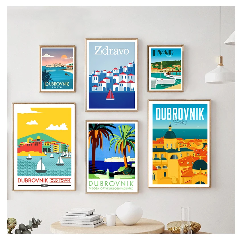 Plakat z podróży na płótnie malarstwo plakat z papieru typu Kraft powlekane naklejki ścienne prezent do dekoracji domu chorwacja zagrzeb dubrownik Vintage