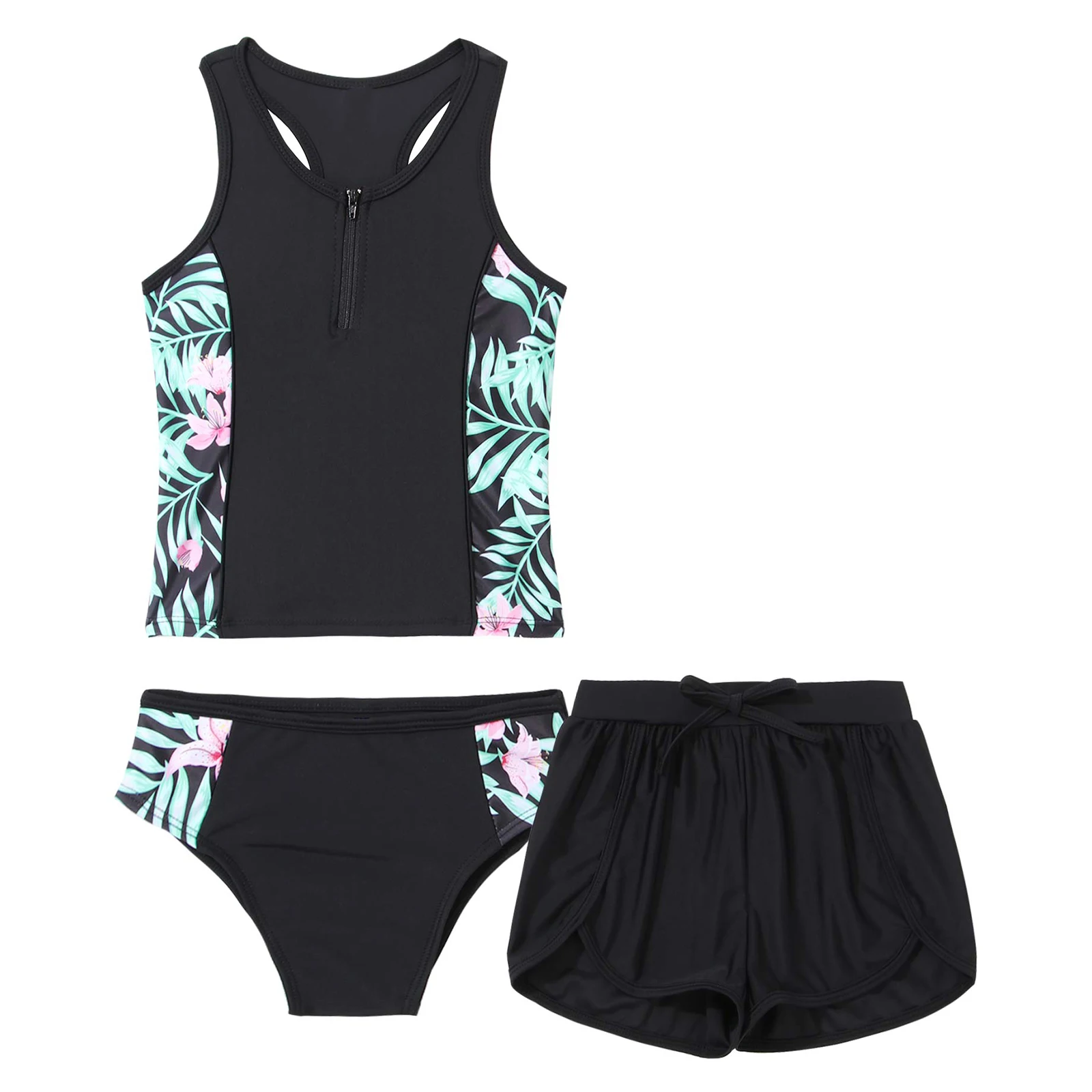 3Pcs Kids Girls Printed Swimming Suit Swimwear Sleeveless Racer Back Tops with Shorts and Briefs Set for Beach Swimming Bathing