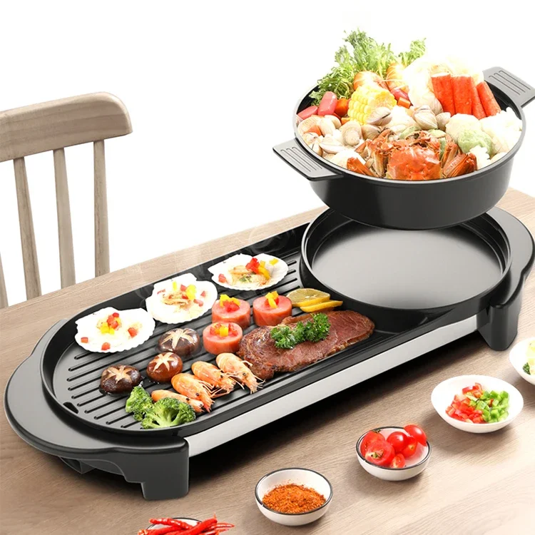 Hot Pot Grill Barbecue Grill Modern PTFE Non Stick Electric Grill Pan 1600 220 Electric BBQ Non-stick Korean Indoor 2 in 1 Black