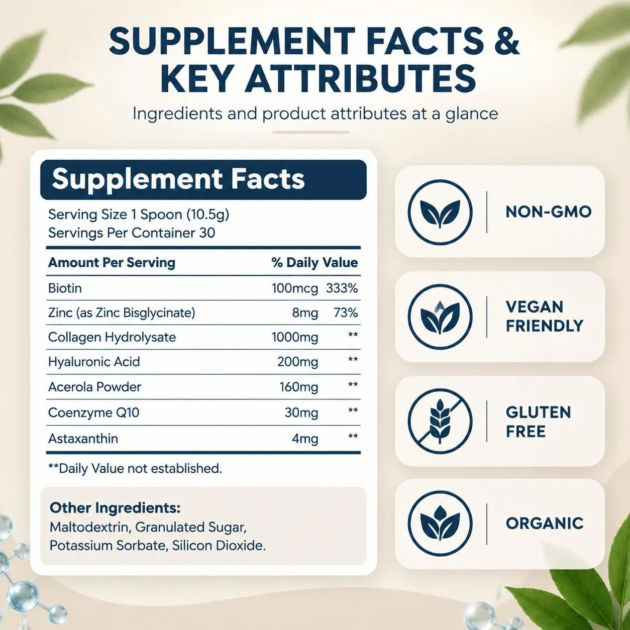 Collagen Powder Supplement with Hyaluronic Acid Astaxanthin Biotin CoQ10 for Skin Hydration Hair Nail Joint Support, 30 Servings