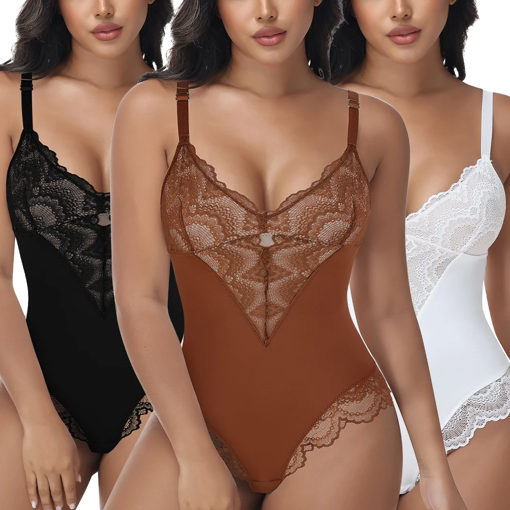 Spitzen-Shapewear-Body für Damen, Bauchkontrolle, Body Shaper, schlanker, formender Slip mit V-Ausschnitt
