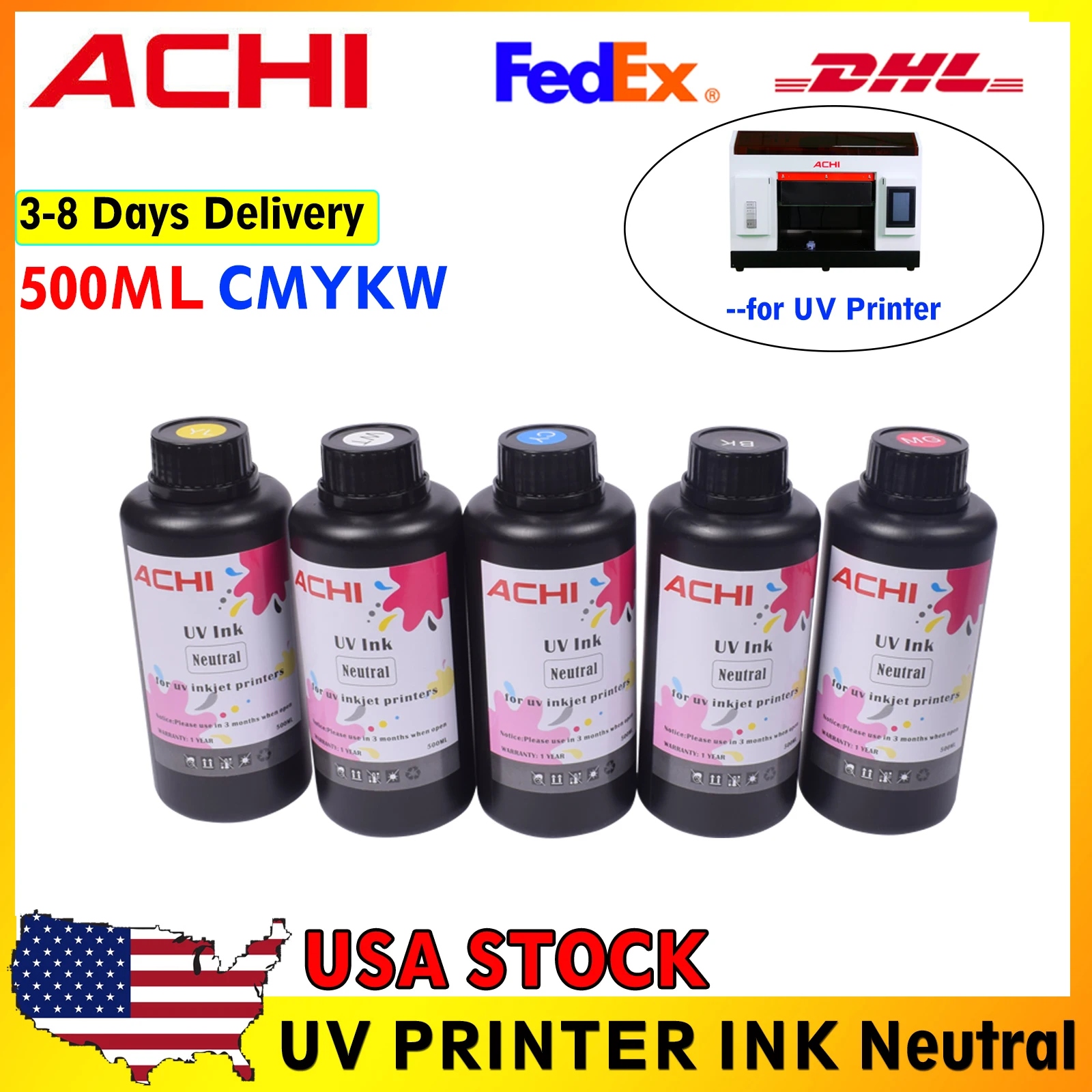 [US STOCK] 500ML LED UV Ink Neutral INK for Flatbed Inkjet UV Printer UV INK  for Glass Phone Case 500ML/Bottle EU STOCK