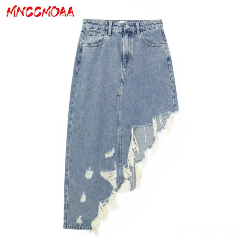 

MNCCMOAA-Asymmetric Denim Skirt for Women, Midi Skirt, High Waist, Y2K Skirts, Female Fashion Streetwear, Summer, 2024