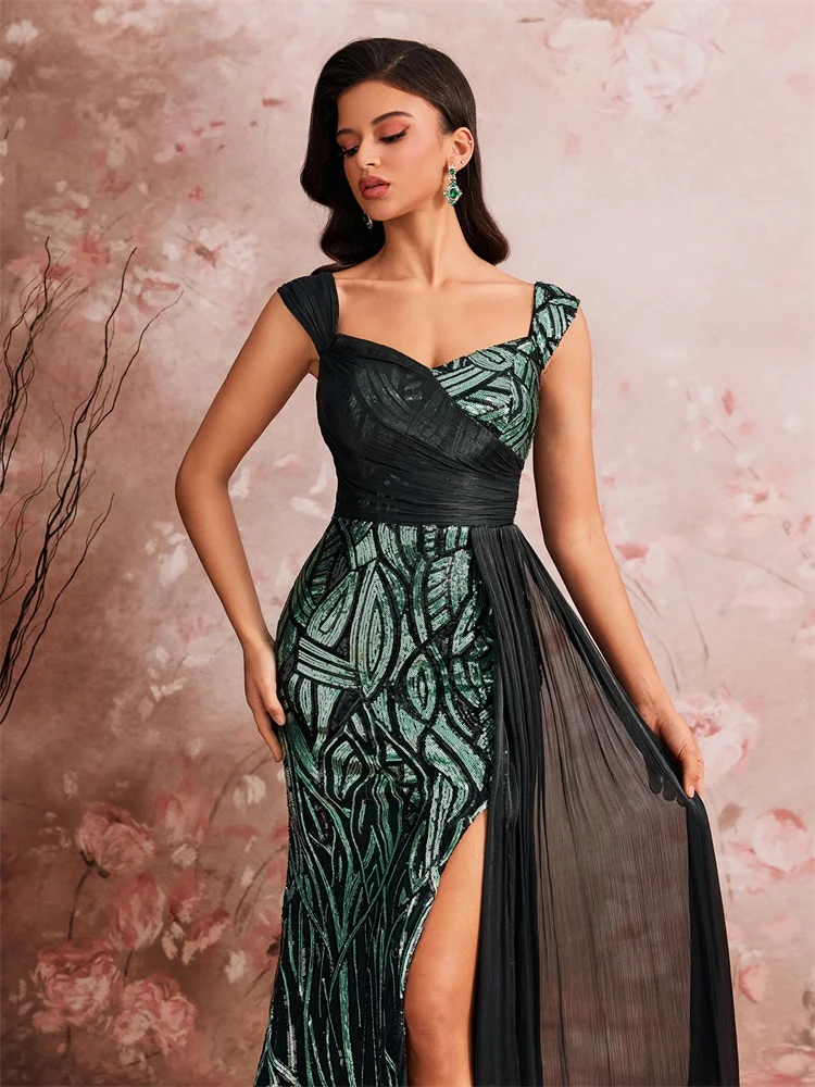 Elegante Splice Pailletten Slit Avondjurken Dames Mouwloze Zeemeermin Formele Luxe Party Streamer Cocktailjurken