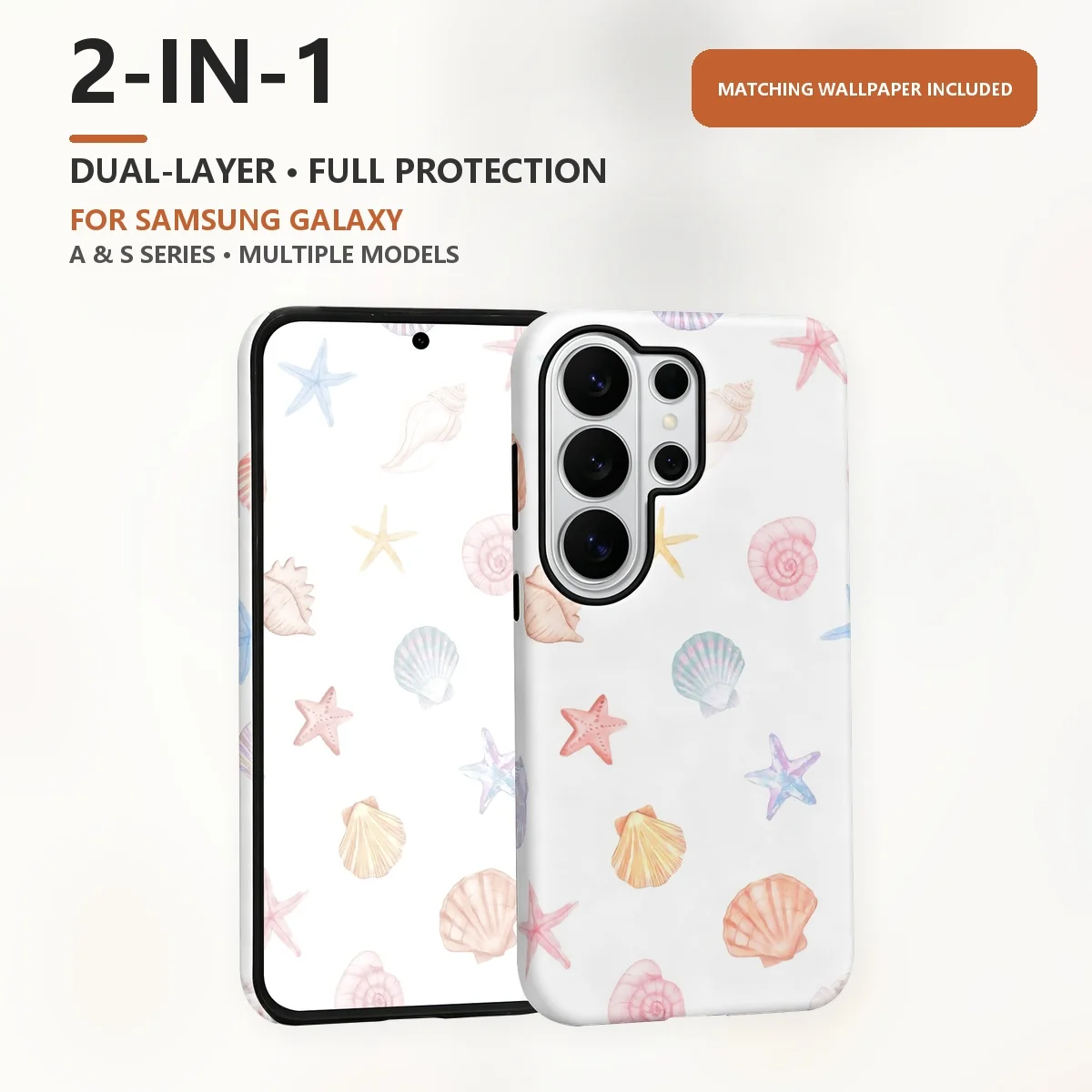Watercolor Seashells Starfish 2-in-1 Dual-Layer Phone Case for Samsung Galaxy S26 S25 S24 Plus Ultra FE S20 FE A56 A17 A16 A15
