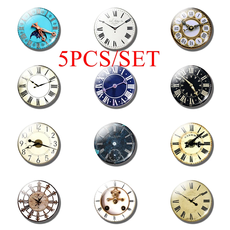 

5PCS/SET Retro Clock 12/16/20/25/30MM Glass Cabochon Dome Jewelry Supplies Making Fashion Accessories Gift ( Not Really Table )