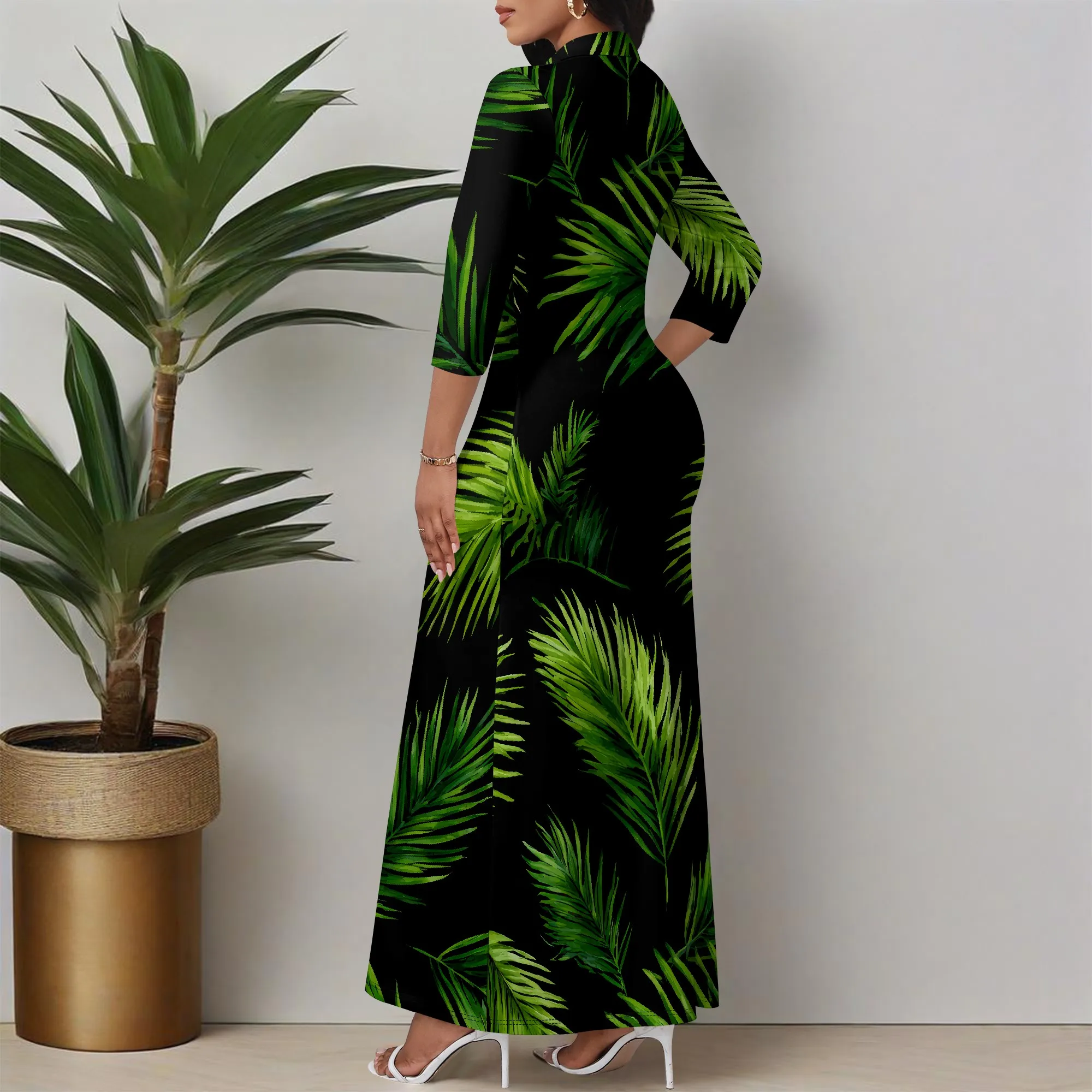 Abito casual maxi lungo da donna a maniche lunghe con scollo a V profondo e ampio