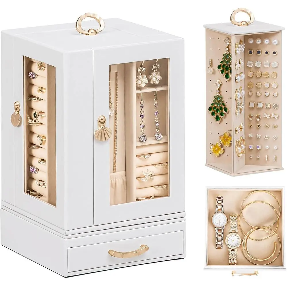 

Large Dresser Jewelry Box with Compartments - Women Necklace Ring Storage Organizer, Elegant Earring Holder Display (White)