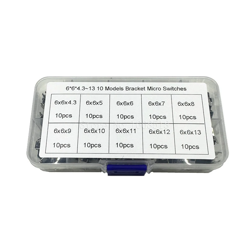 100pcs 10value 6x6mm Momentary Tactile Tact Mini Switch Mixed kit Box 6*6*4.3/5/6/6.5/7/8/9/10/11/12mm Right Angle With stent