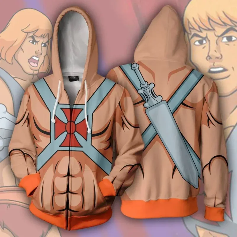 Costume de Cosxie He-Man avec fermeture éclair, sweat-shirt imprimé 3D, sweat à capuche de dessin animé, veste de mode, prix des tiques