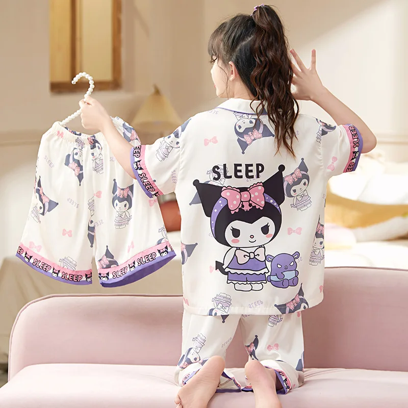 MINISO Sanrio Children\'s Pajamas Spring/Summer/Autumn Thin Loungewear Kuromi Three-piece Set Short Sleeves Girls\' Holiday Gifts