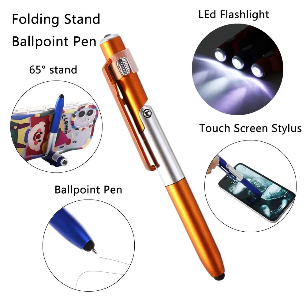 Multifunctional Office Students School Night Reading Cellphone Holder Ballpoint Pen with LED Light Stylus Pen Writing Pen