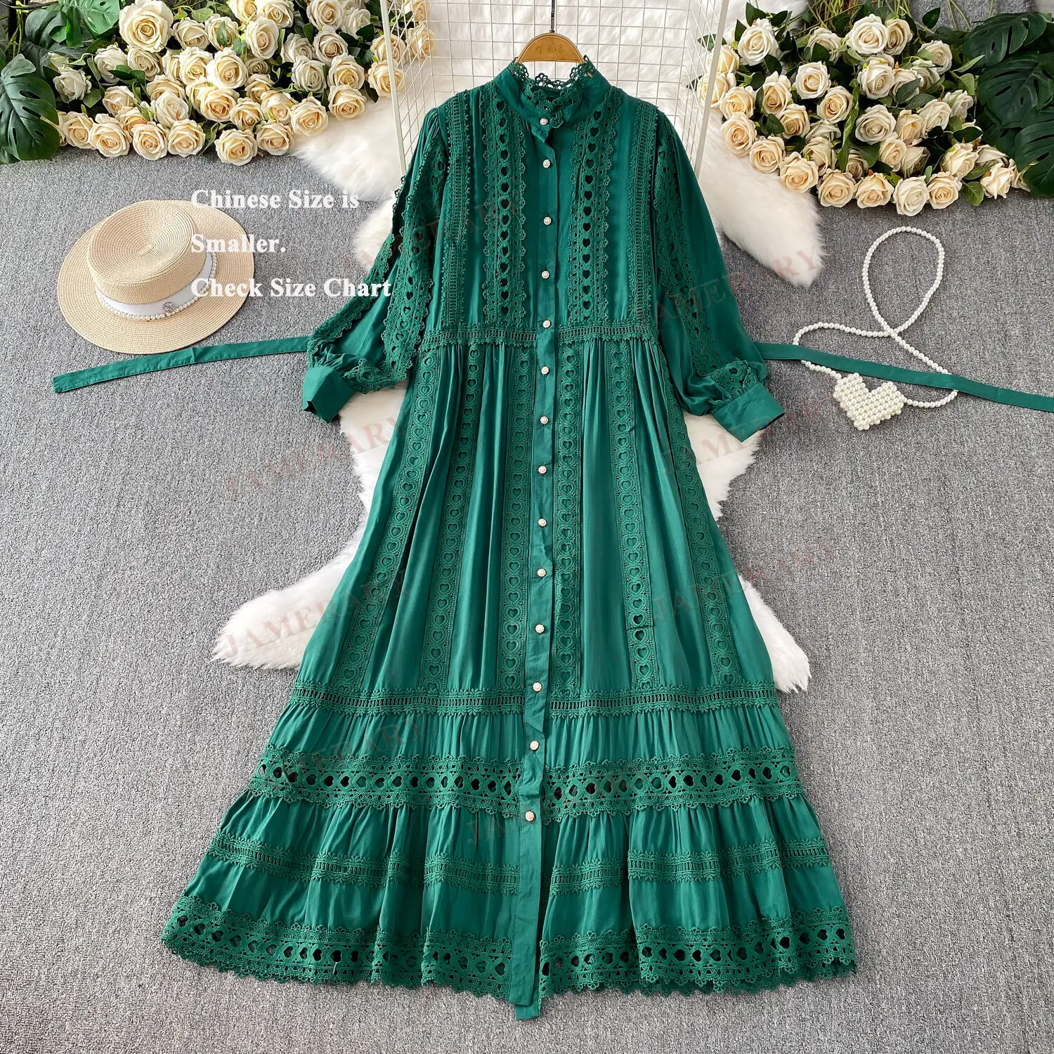 Renda retalhos suporte oco para fora manga longa maxi vestido camisa feminina outono inverno único breasted bordado vestidos de noite