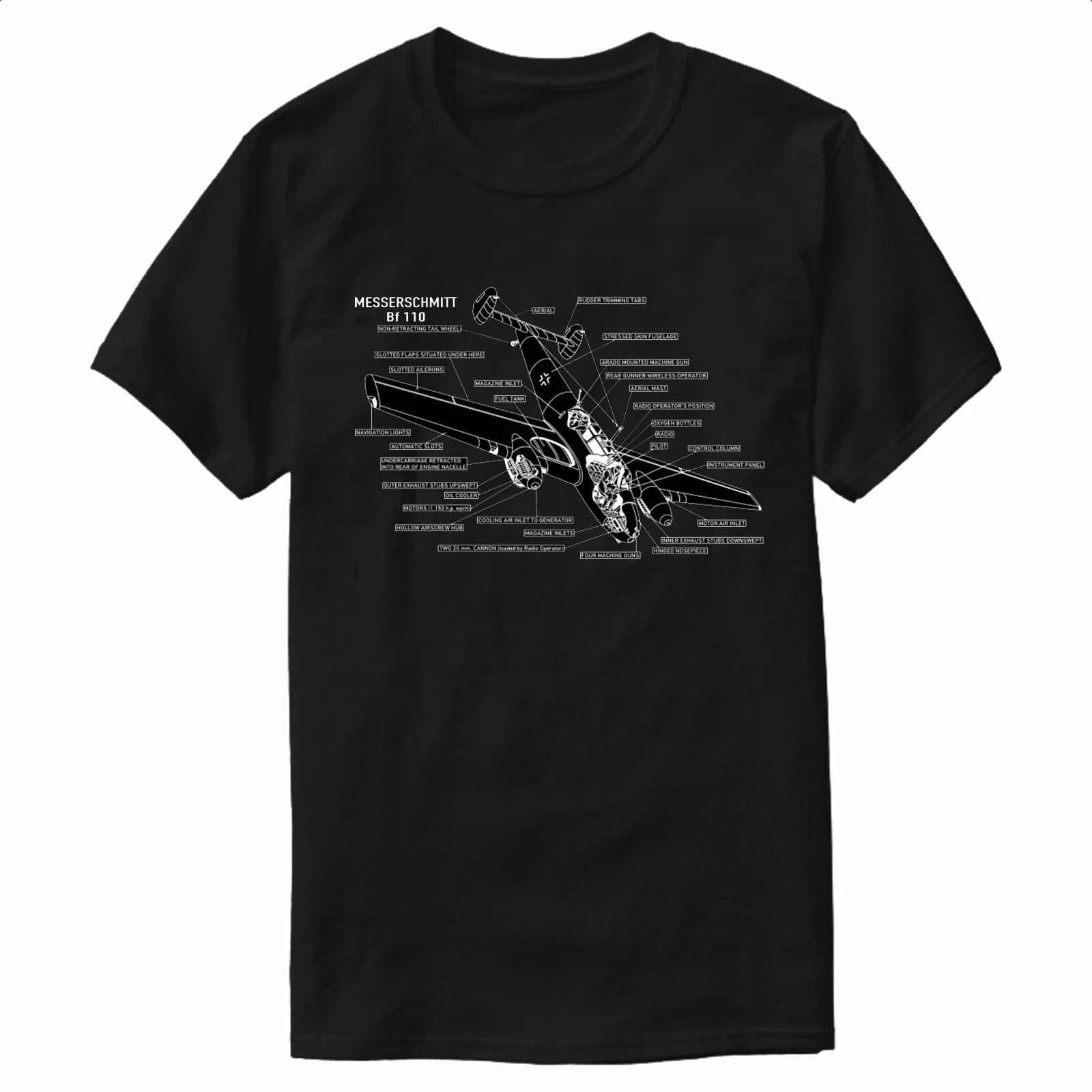 WW2 German Plane Messerschmitt Bf 110 Fighter Infographic T-Shirt 100% Cotton O-Neck Summer Short Sleeve Casual Mens T-shirt