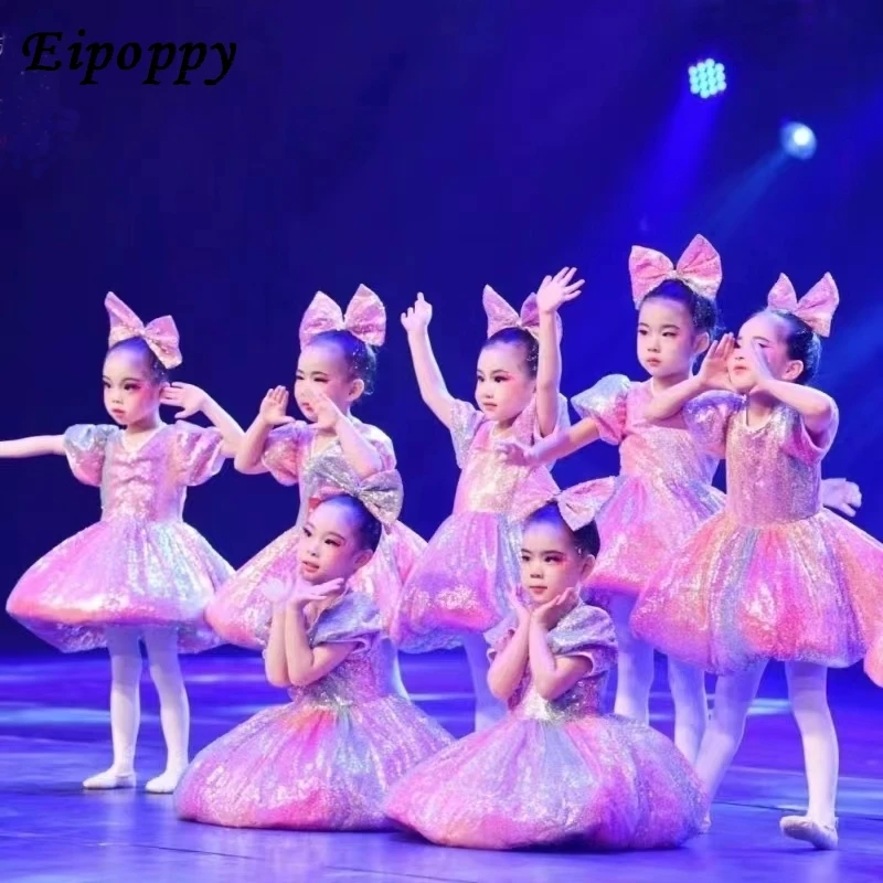 Children's Pettiskirt Performance Dress Sequined Chorus Dress Rainbow Dress Kindergarten Girl Princess Yarn