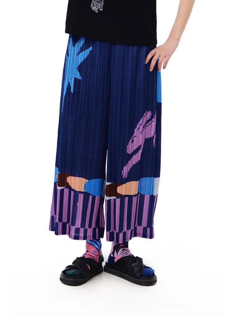 Pleated summer new FUN series elastic waist pocket fun printing casual straight-leg pants women trousers