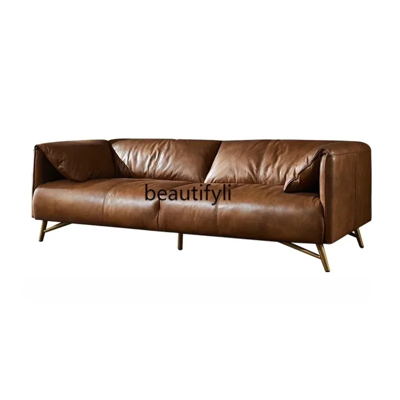 A076 Nordic Retro Leather Three-Seat Sofa First Layer Cowhide Living Room Small Apartment Oil Wax Leather