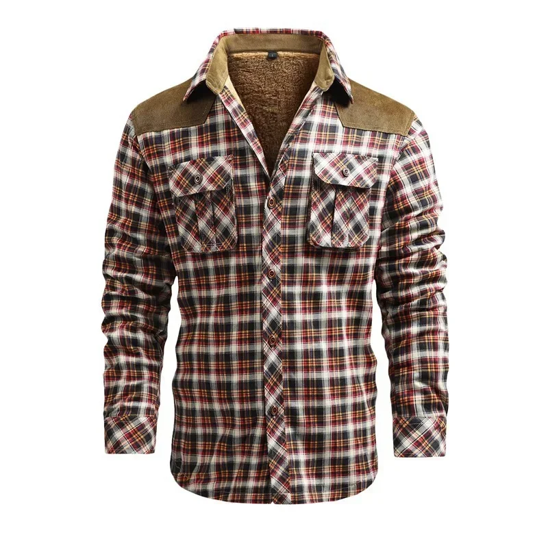 

New Winter Men Fleece Warm Plaid Shirts Jackets High Quality Men Cotton Casual Shirts Coats Man Outwear Loose Shirts Coats 4XL
