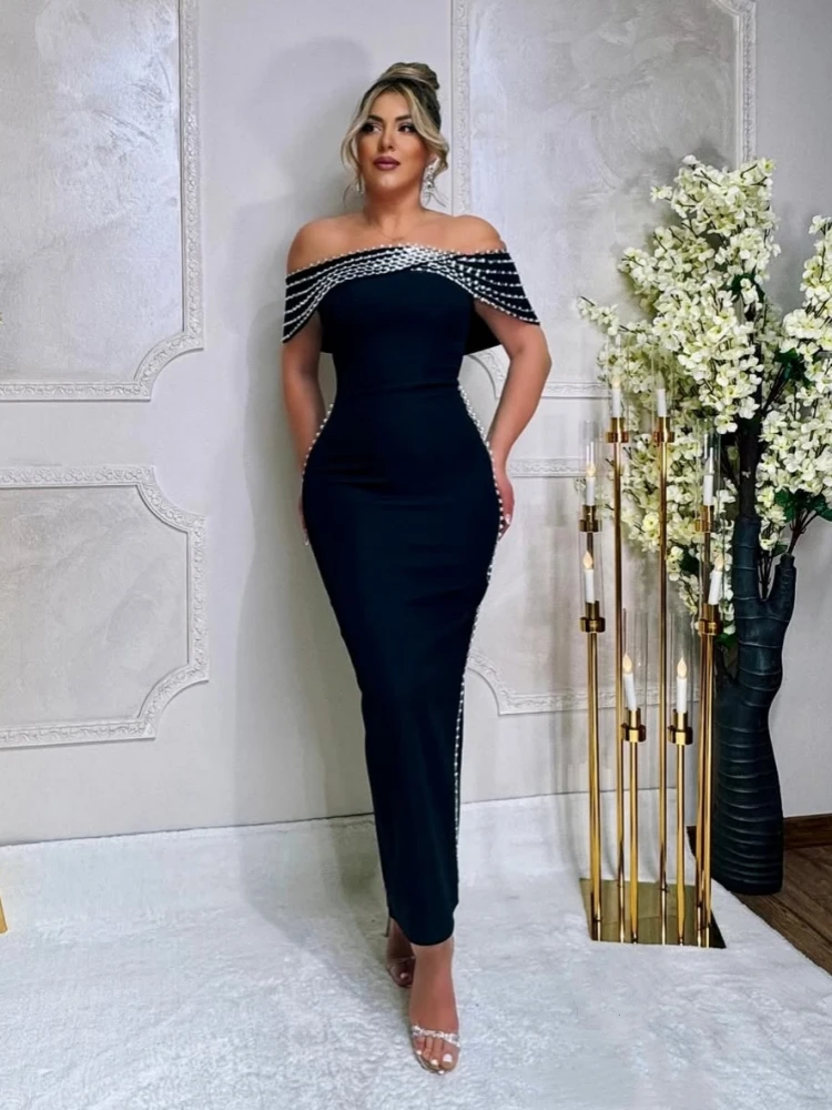 

Sexy Off-shoulder Shiny Crystal Bandage Dress Women Black Slash Neck Diamonds Bodycon Dresses Evening Party Celebrity Gowns