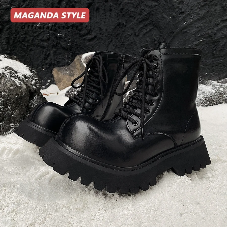 High Top Handsome Short Boots for Men Leather Side Zipper Motorcycle Work Shoes Leather Height Increased 5CM Comfortable