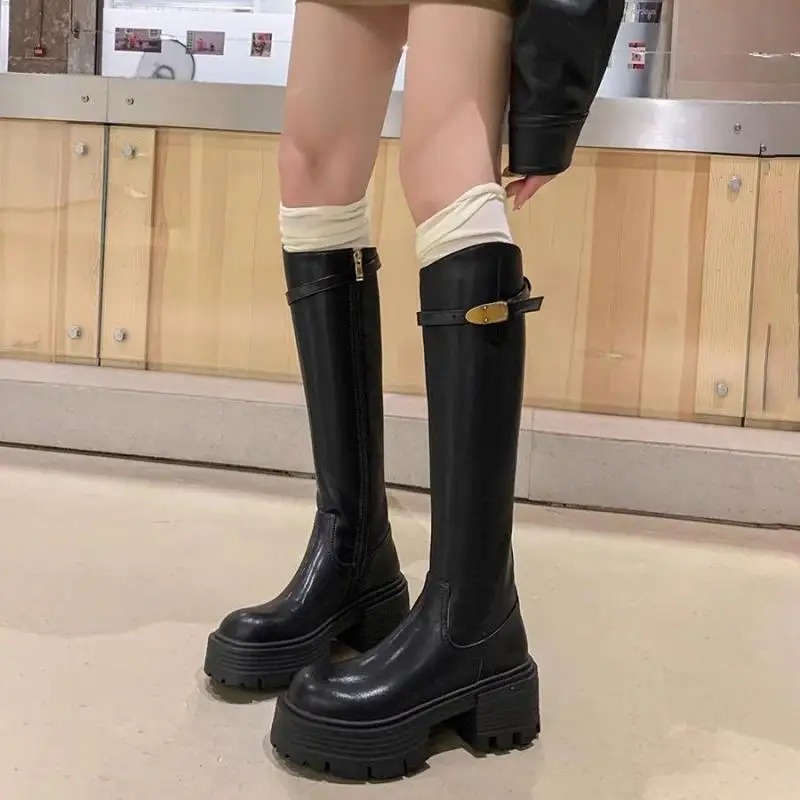Women Knee High Boots Buckle Strap Chunky Platform Long Boots Autumn Winter Round Toe Side Zip Riding Knight Boots Shoes