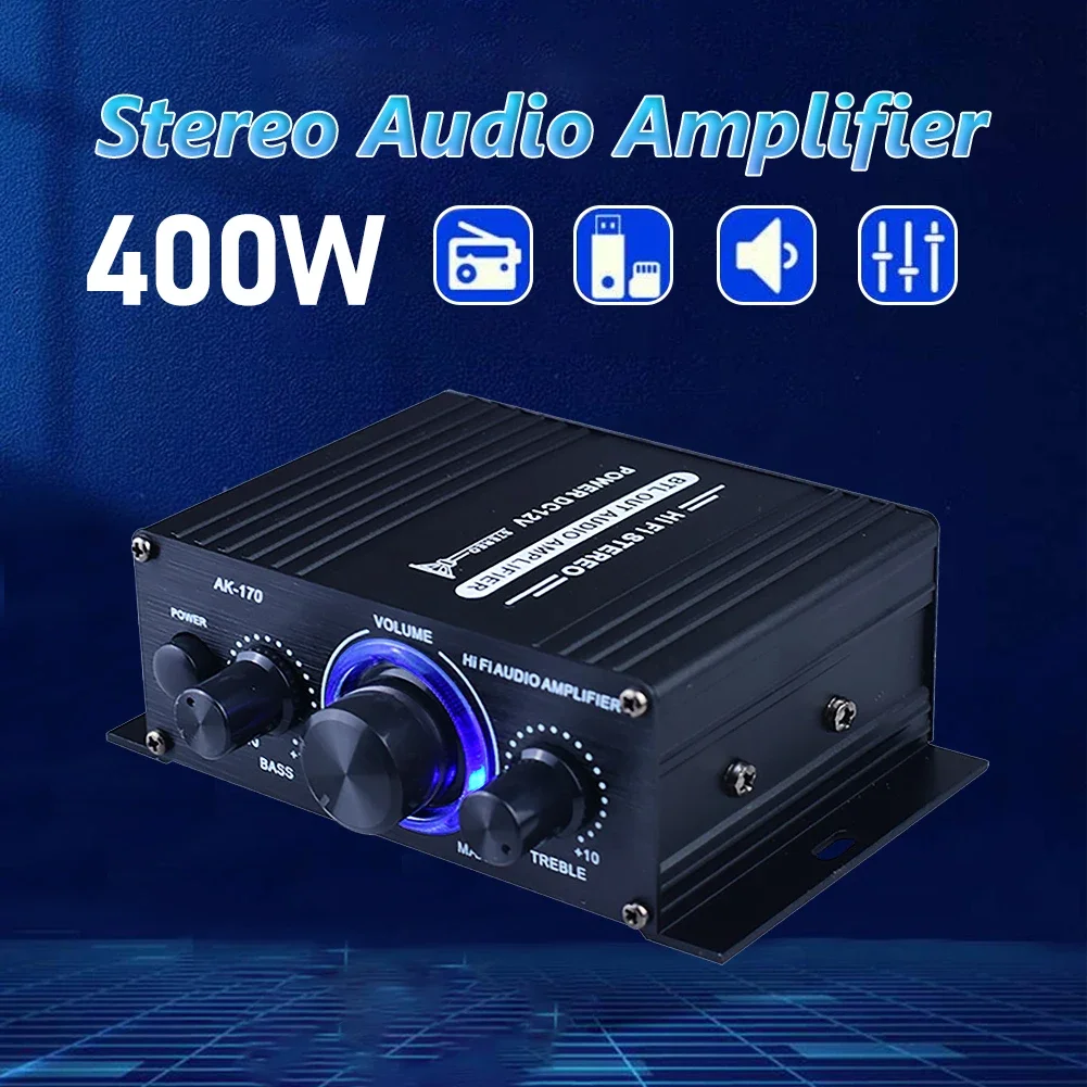 AK170 Mini Digital Power Audio Car Amplifier Blue Light Stereo Audio Amplifier for Home Theater Club Party Music 200Wx2 Power