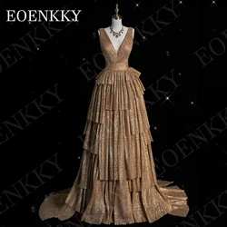 EOENKKY Luxury Tiered Tulle Prom Dress Saudi Arabia A Line Backless V Neck Evening Party Gown Sleeveless Tank Customized Women