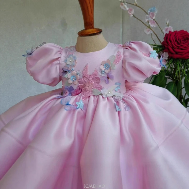 

New Kids Satin Dress Bubble Sleeves Princess 1st Birthday PerformanceToddler Pageant Wedding Guest Girls Evening Formal Outfit