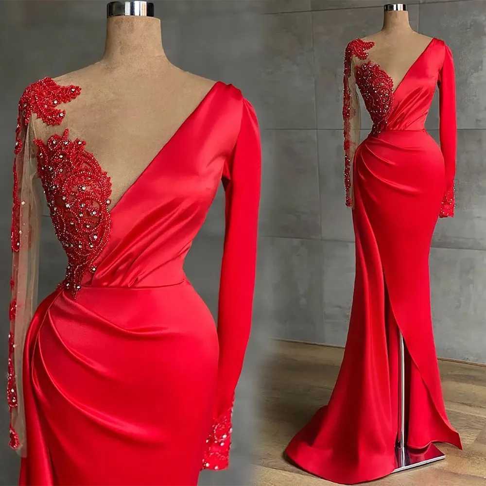 

Prom Party Gown Red Evening Dresses Plus Size Custom Long Sleeve Satin V-Neck Formal Mermaid Applique Thigh-High Slits