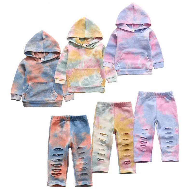 Wiosenne ubrania dla dziewczynek z nadrukiem Tie Dye bawełniana bluza z kapturem z długim rękawem długie spodnie moda 2 sztuki strój maluch Baby Boy Clothing