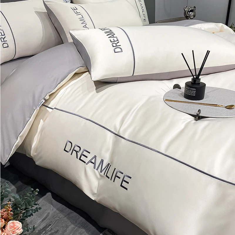 100% Silk Luxury Embroidery Bedding Sets High-End Summer Ice Silk Soft Duvet Cover Kit Skin Friendly Cooling Comforter Cover Set