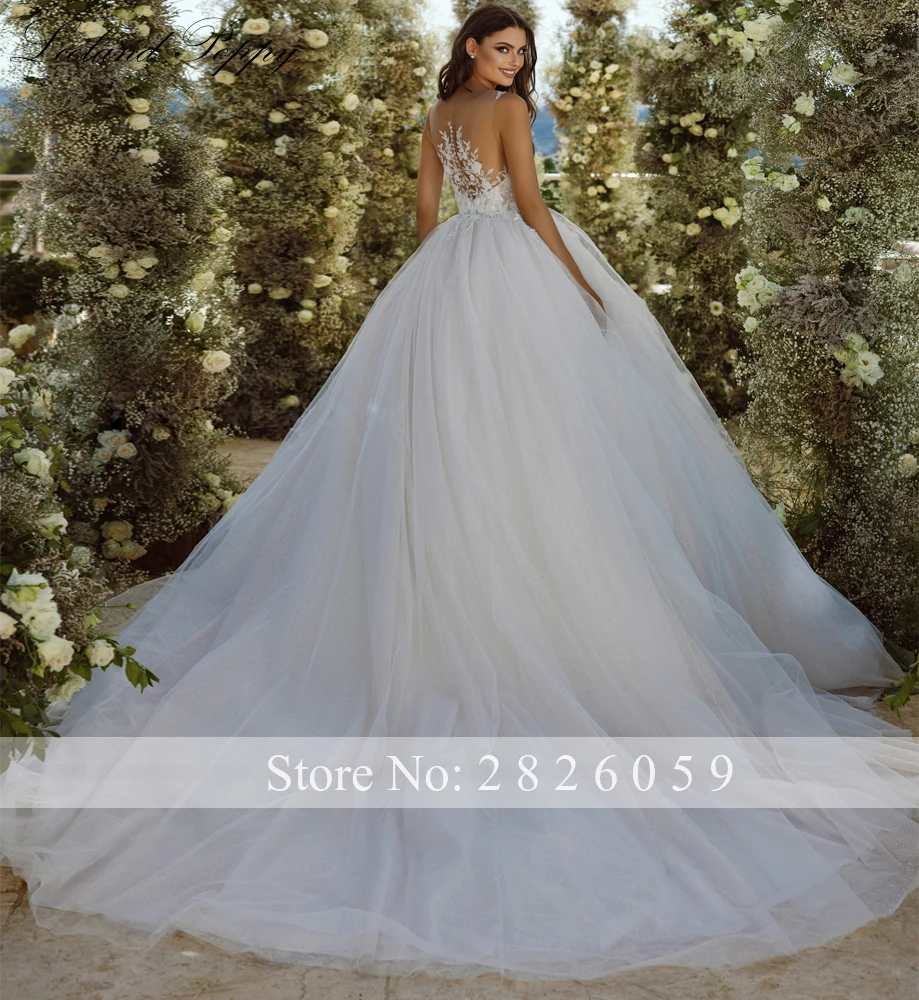 IJsland Poppy op maat gemaakte baljurk glanzende tule trouwjurken vloerlengte illusie kralen kanten bruidsjurken