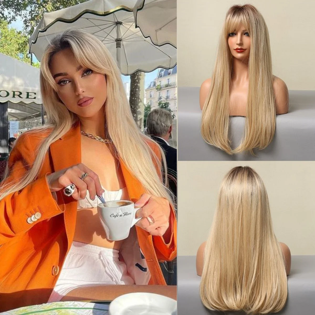 Ombre Blonde Synthetic Hair Wigs Long Straight Heat Resistant Fashion Wigs With Bangs for Women Cosplay Party Natural Wigs